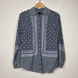 Talbots Women's Long Sleeve Button Front Blouse Blue M Geometric Floral Artsy